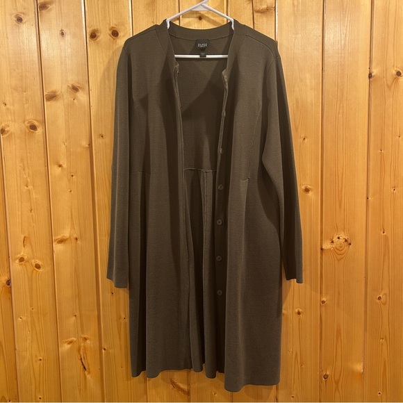 Eileen Fisher Silk Cotton Interlock Snap Long Cardigan Jacket Olive Green Size L - Picture 7 of 8